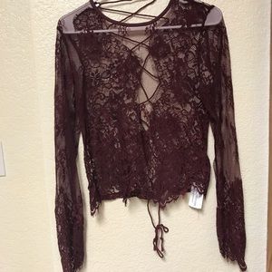 NWT Burgundy Lace Top With Lace Up Back Detail